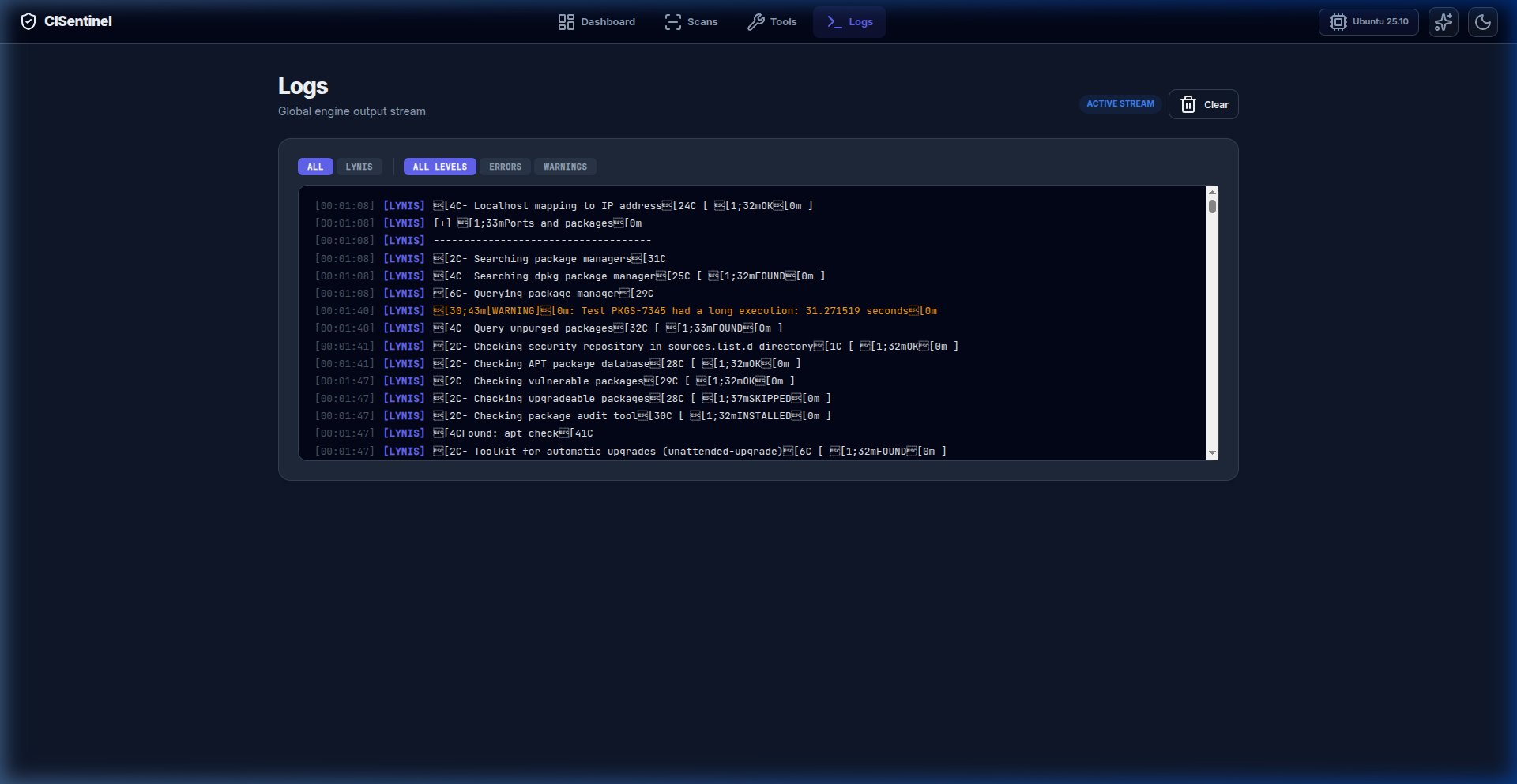 Logs Page — Live Stream