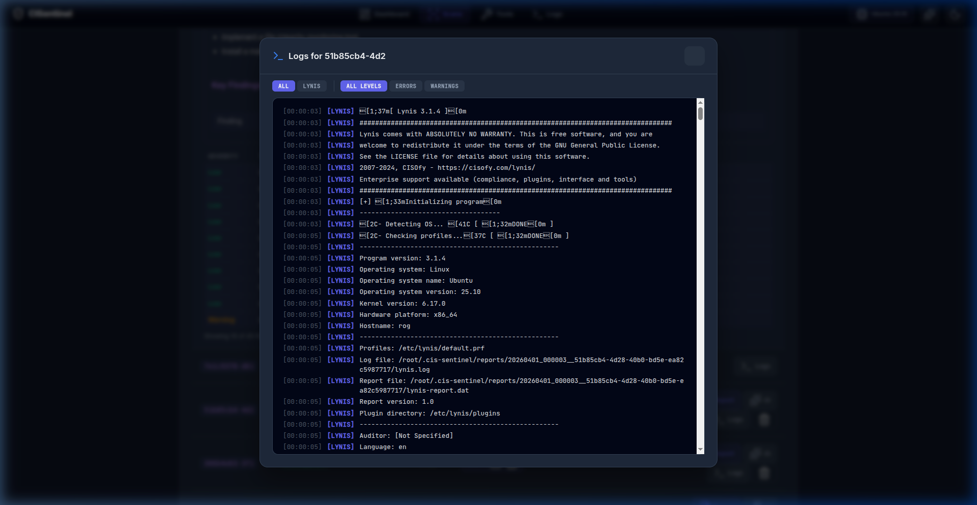 Scans Page — Log Modal