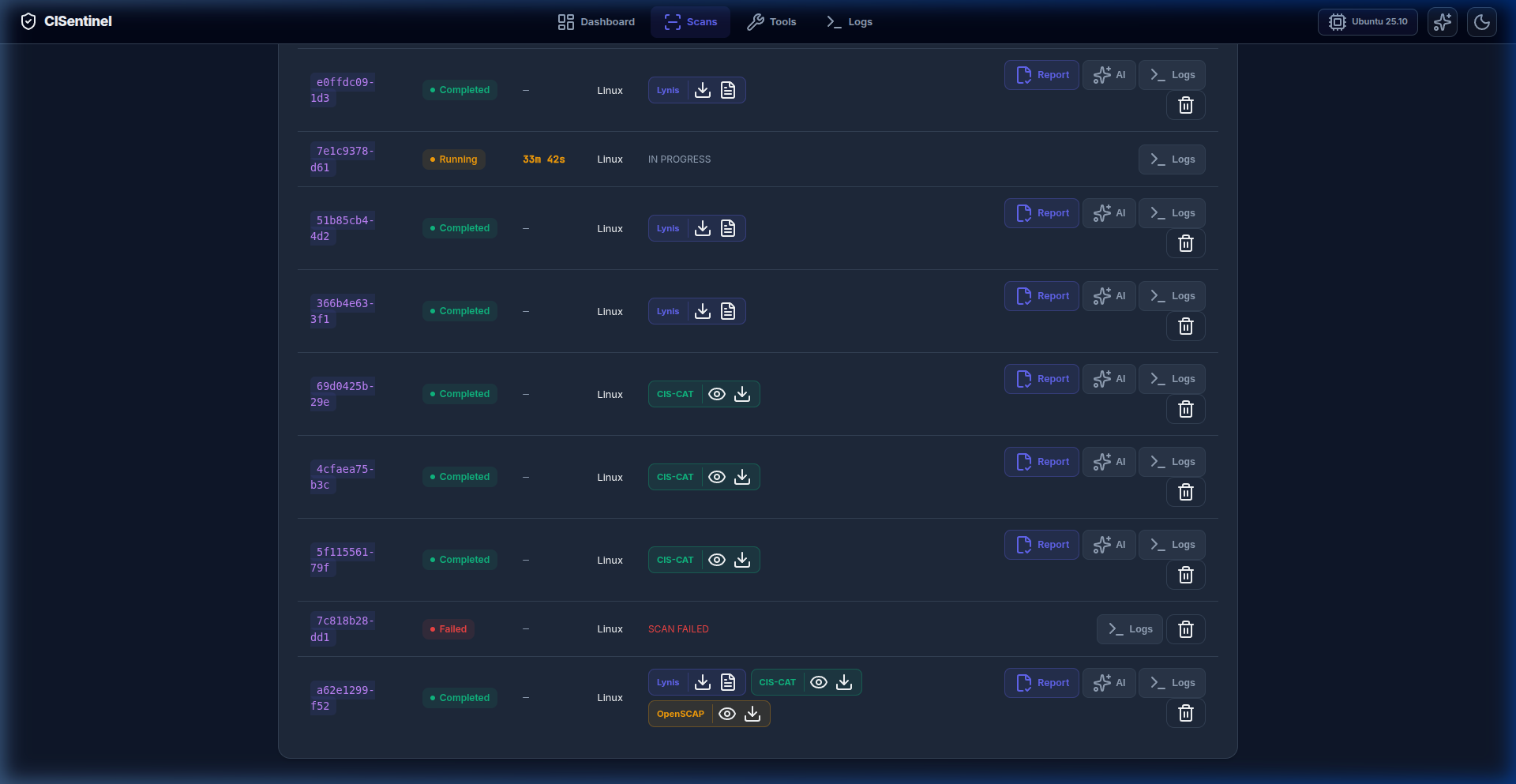 Scans Page — History Table