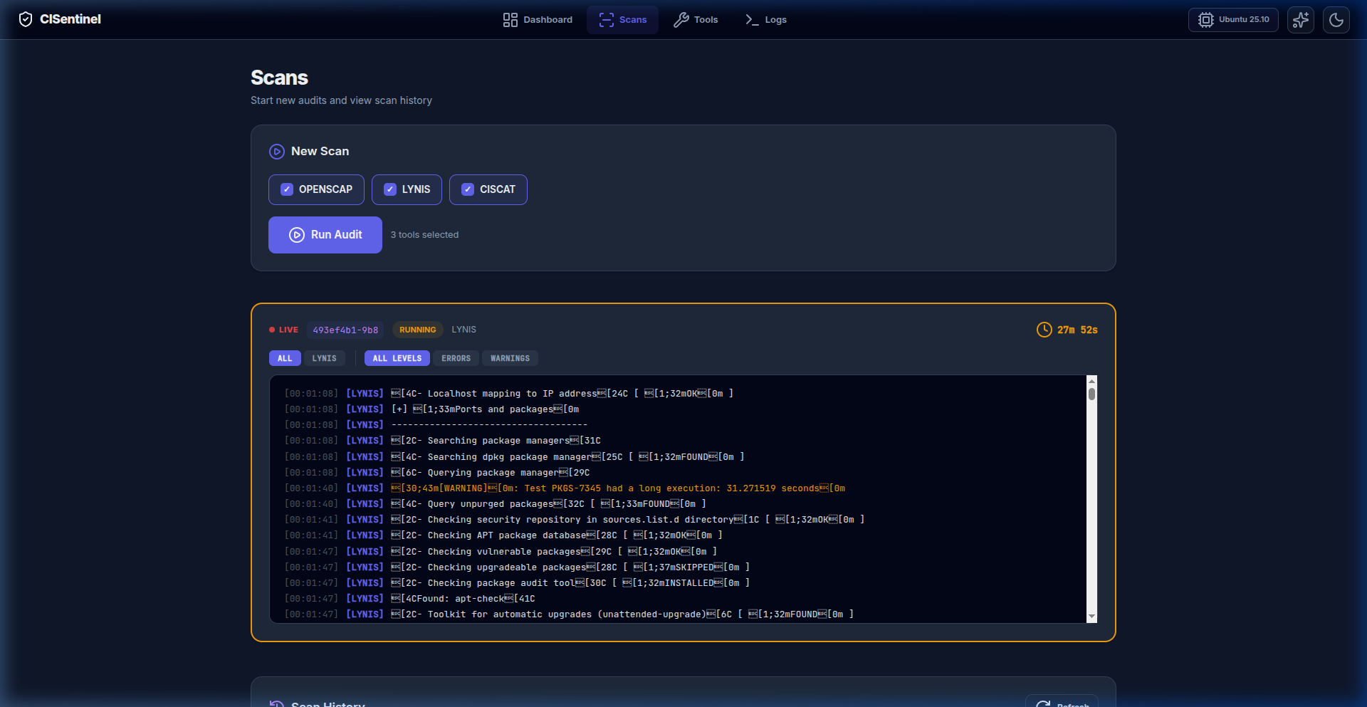 Scans Page — Tool Selector